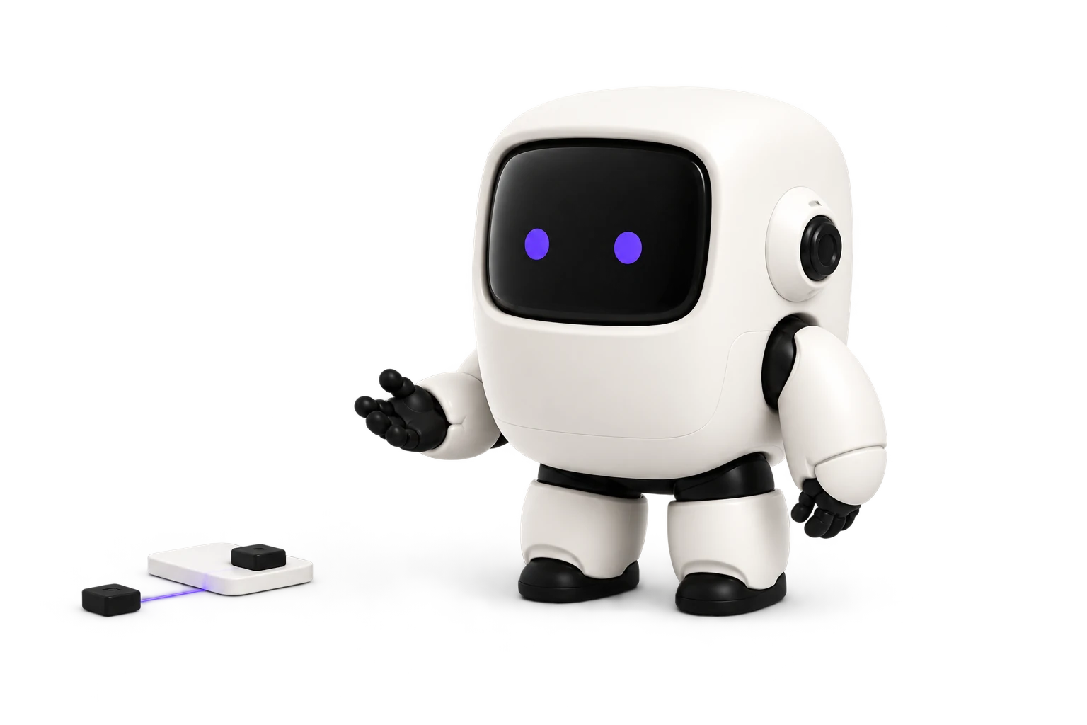 El robot blanco de AIA te da la bienvenida, con visor carbón y ojos violetas de puntito.