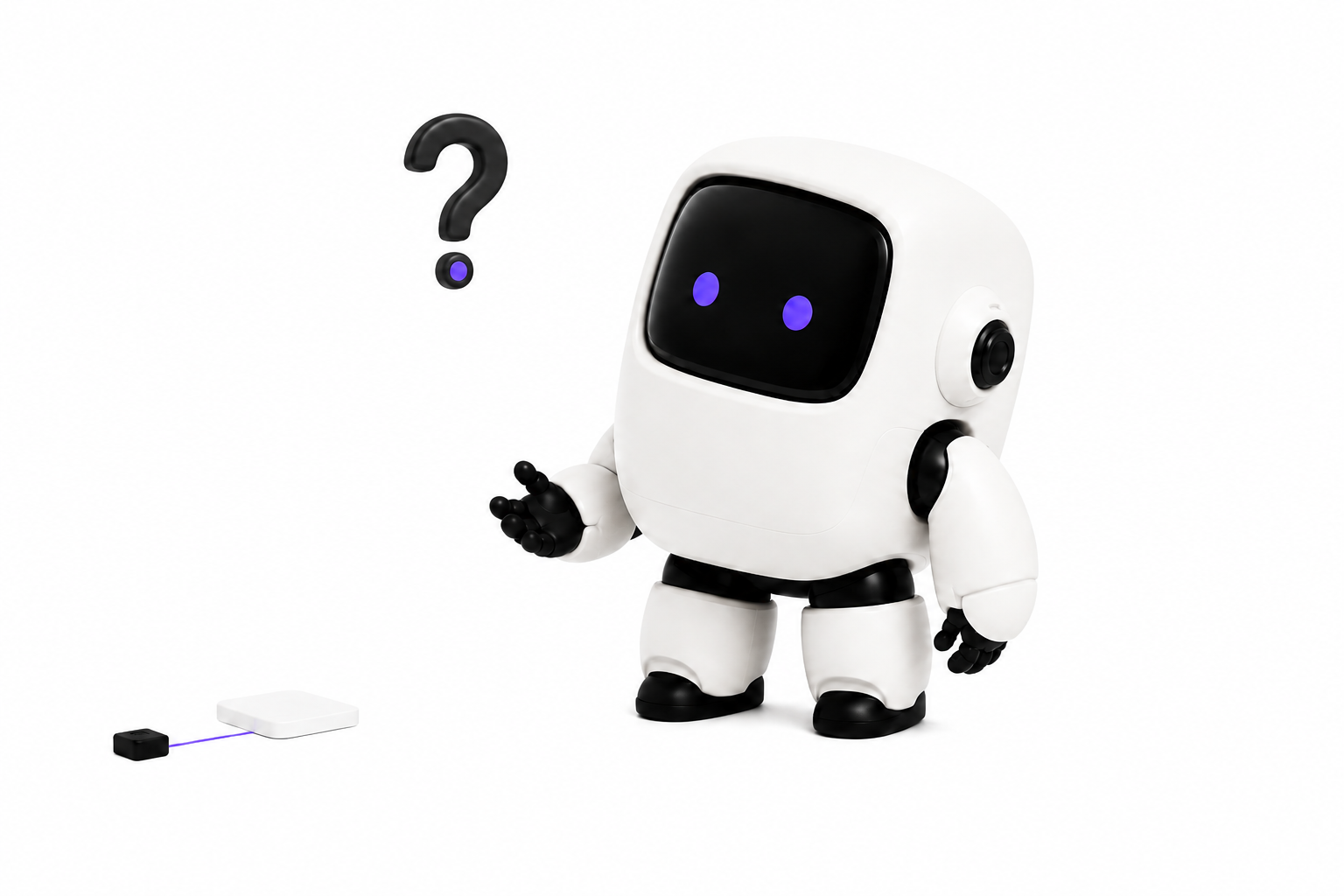 El robot blanco de AIA escucha con atención, junto a un signo de pregunta.