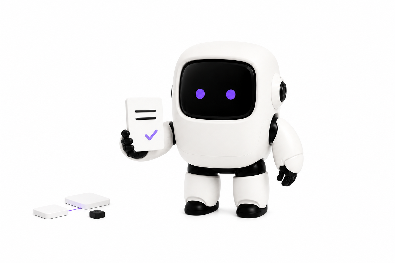 El robot de AIA sostiene una ficha con una marca violeta de verificación.